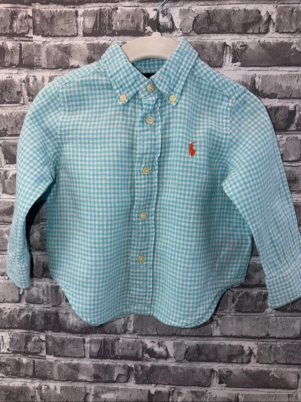 Polo by Ralph Lauren Toddler Aqua Gingham Button-Down Shirt with Orange Pony